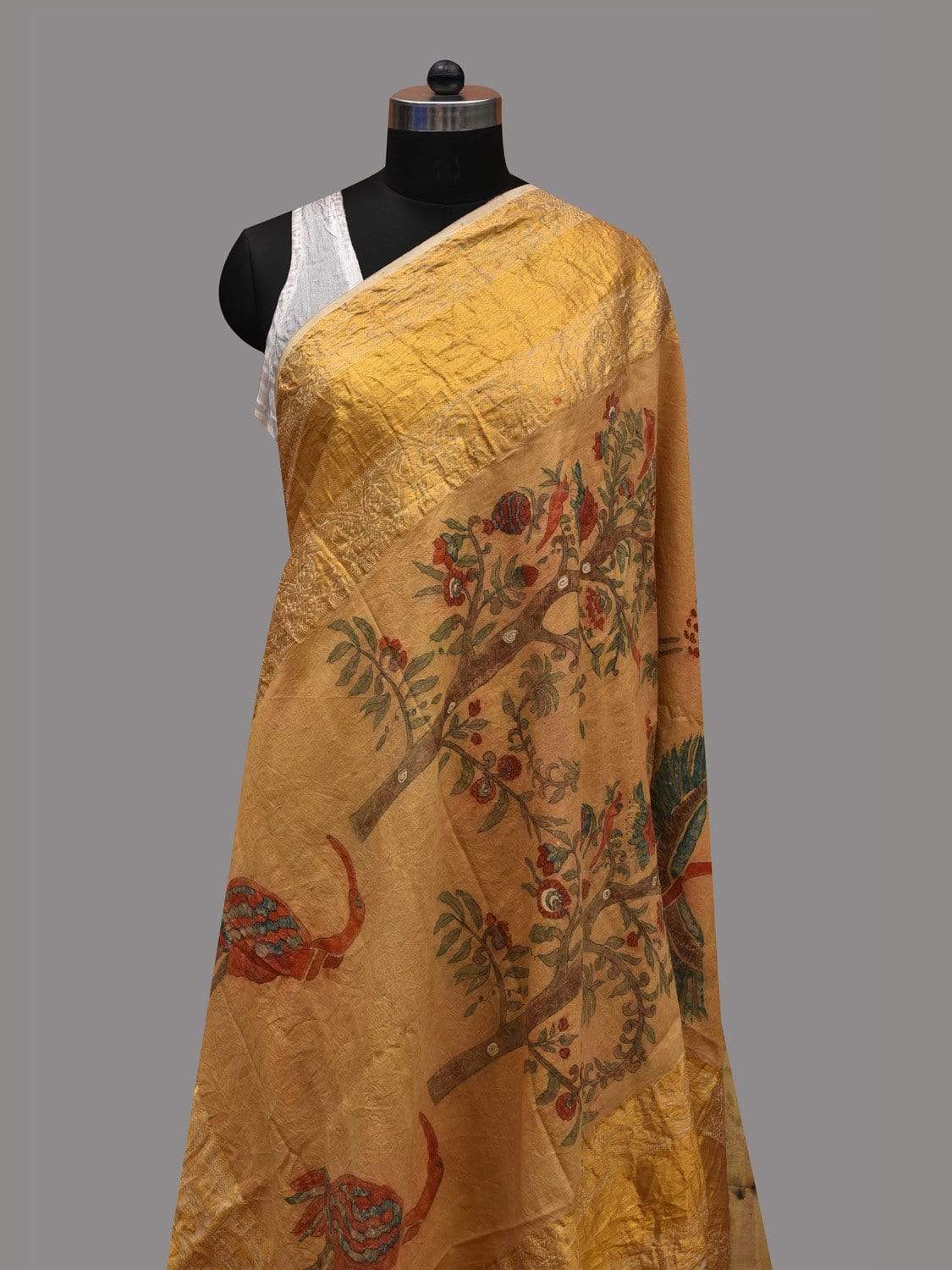 Yellow Kalamkari Hand Painted Kanchipuram Silk Handloom Dupatta with Trees and Birds Design ds2581