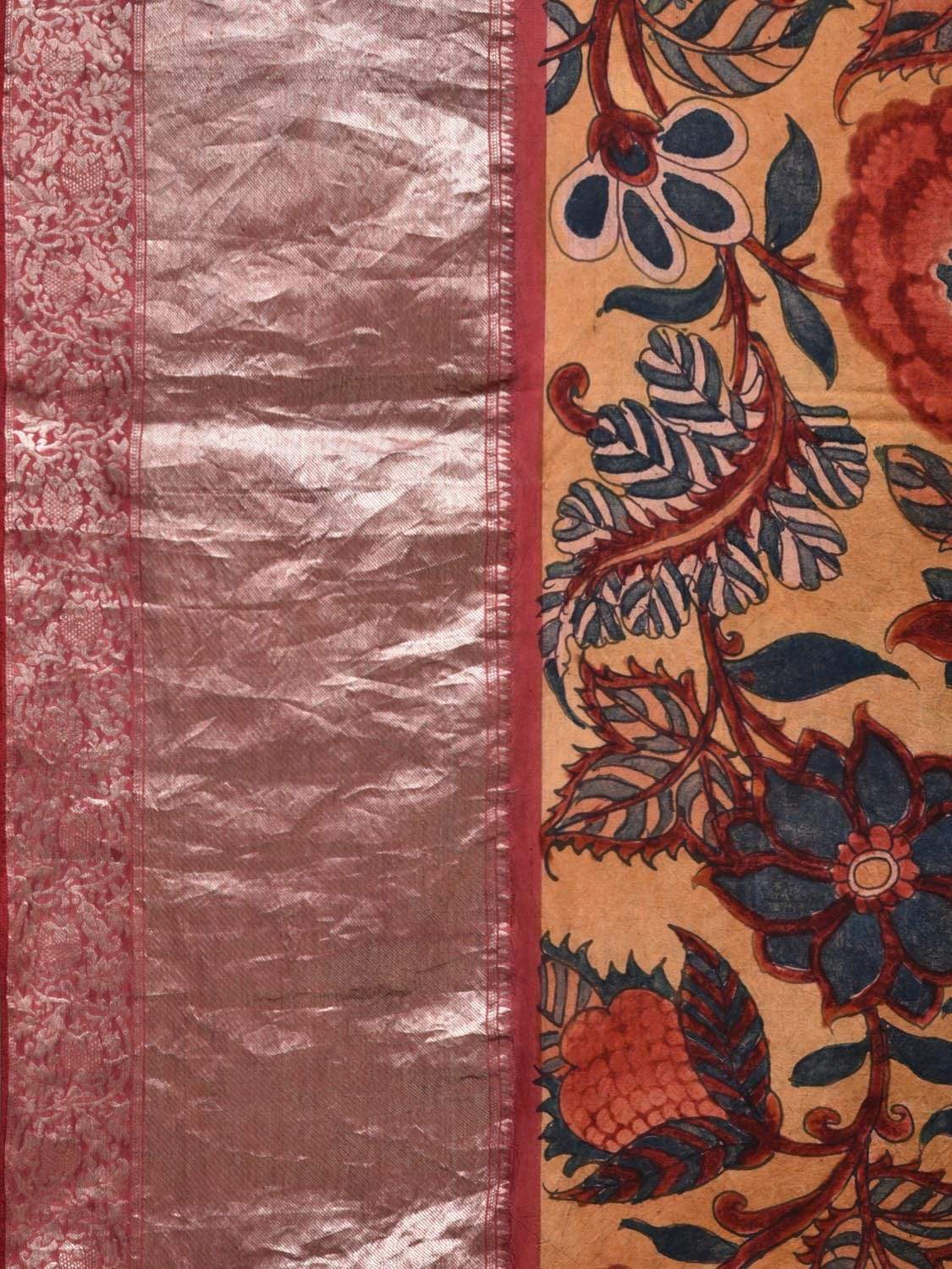 Yellow Kalamkari Hand Painted Kanchipuram Silk Handloom Saree Floral Design KL0483