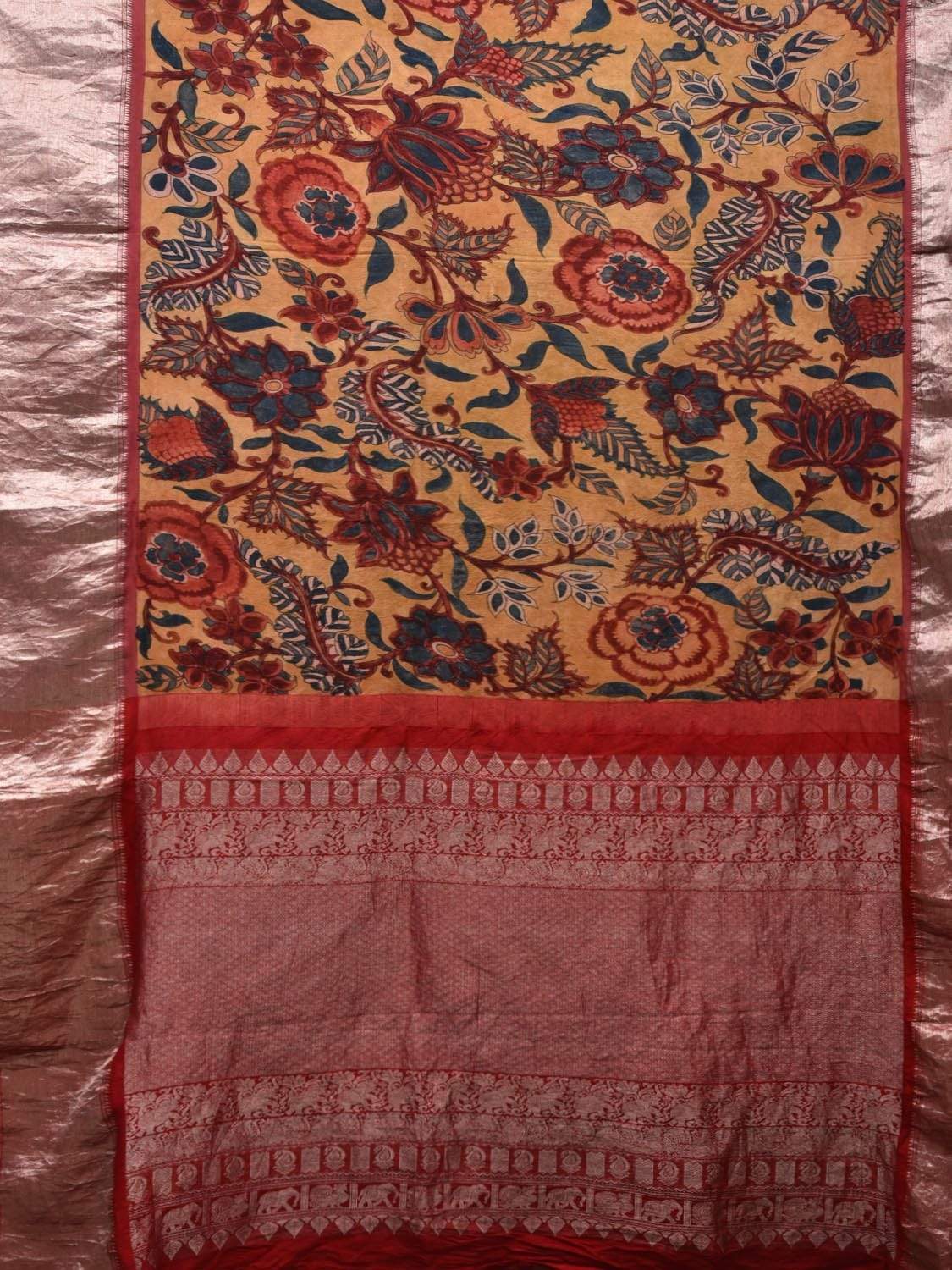Yellow Kalamkari Hand Painted Kanchipuram Silk Handloom Saree Floral Design KL0483