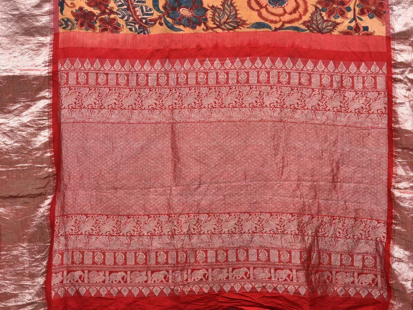 Yellow Kalamkari Hand Painted Kanchipuram Silk Handloom Saree Floral Design KL0483