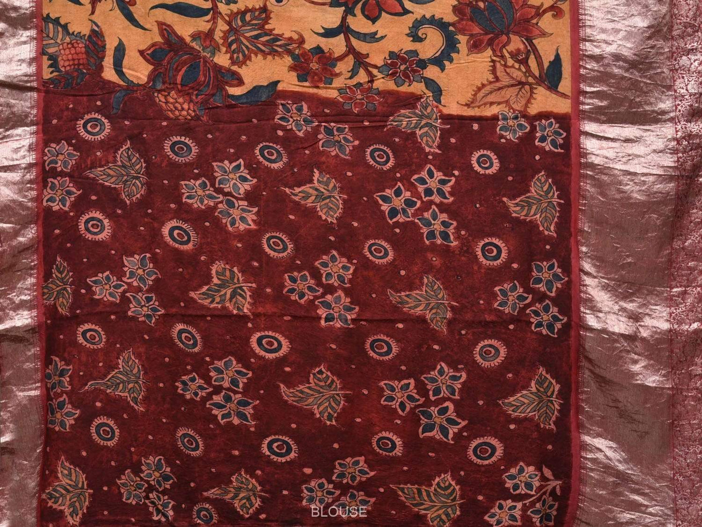 Yellow Kalamkari Hand Painted Kanchipuram Silk Handloom Saree Floral Design KL0483