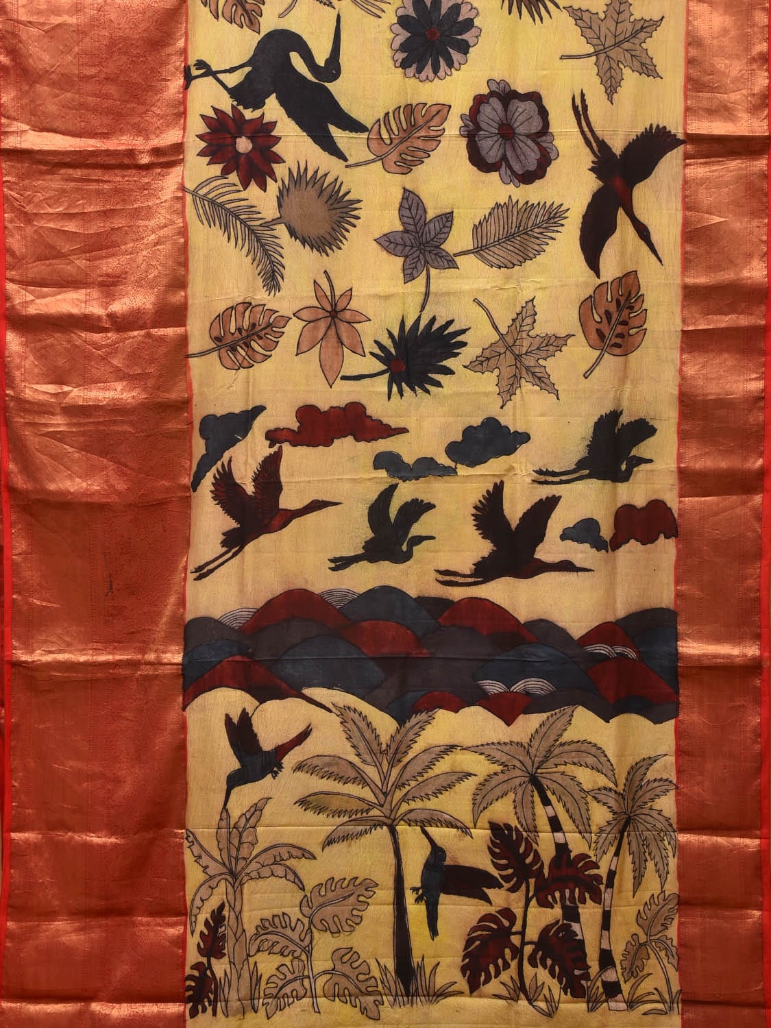 Yellow Kalamkari Hand Painted Kanchipuram Silk Handloom Saree with Birds and Floral Design No Blouse KL0722