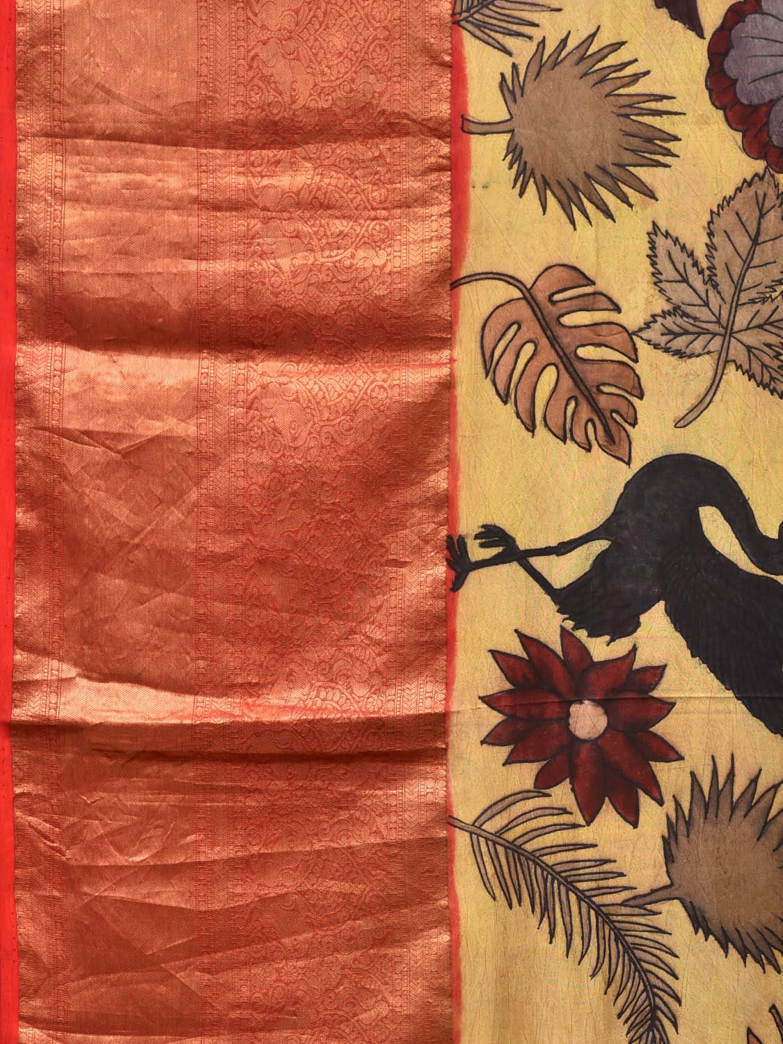 Yellow Kalamkari Hand Painted Kanchipuram Silk Handloom Saree with Birds and Floral Design No Blouse KL0722