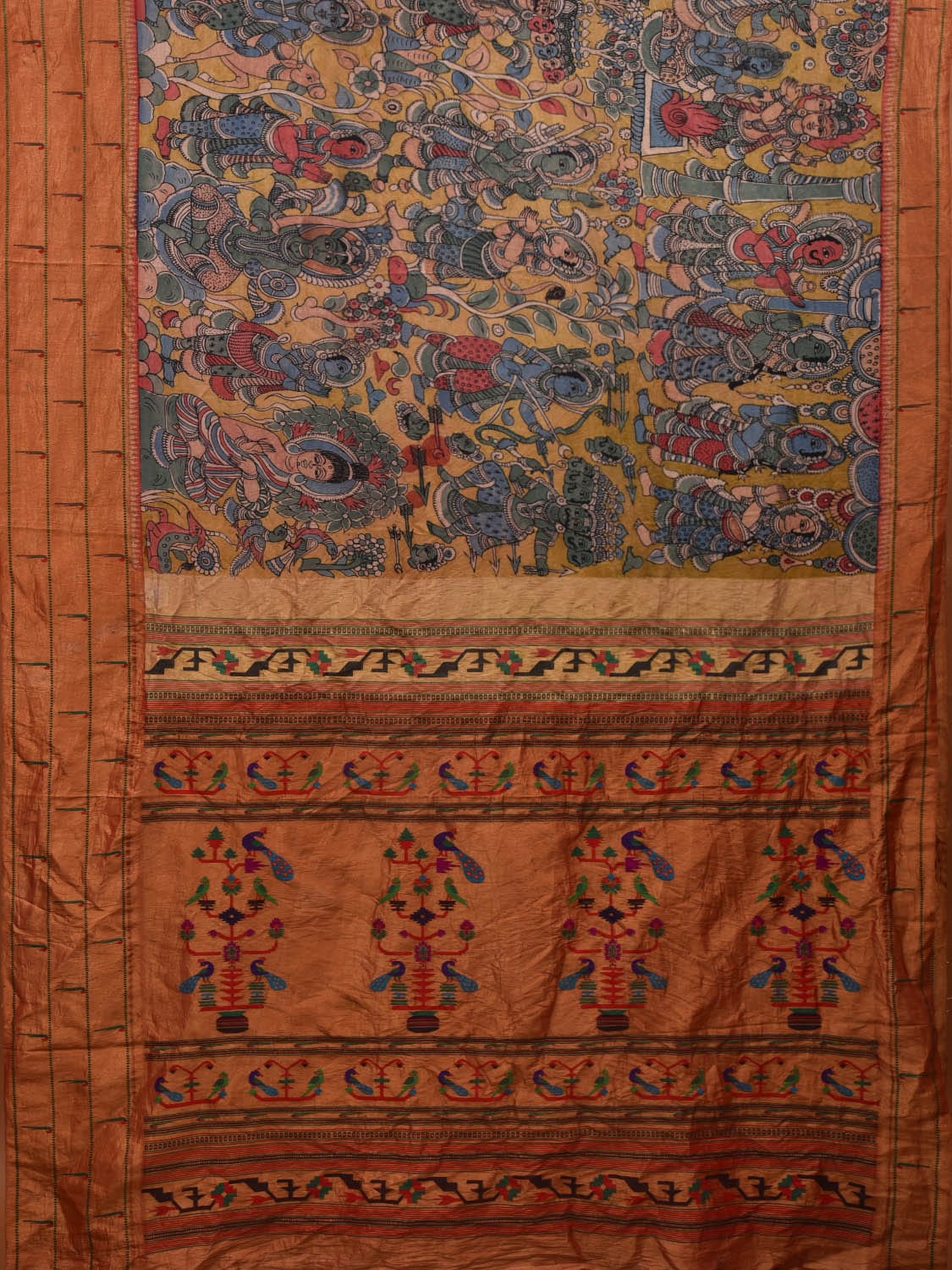 Yellow Kalamkari Hand Painted Kanchipuram Silk Handloom Saree with Dashavatar and Triple Muniya Design KL0638