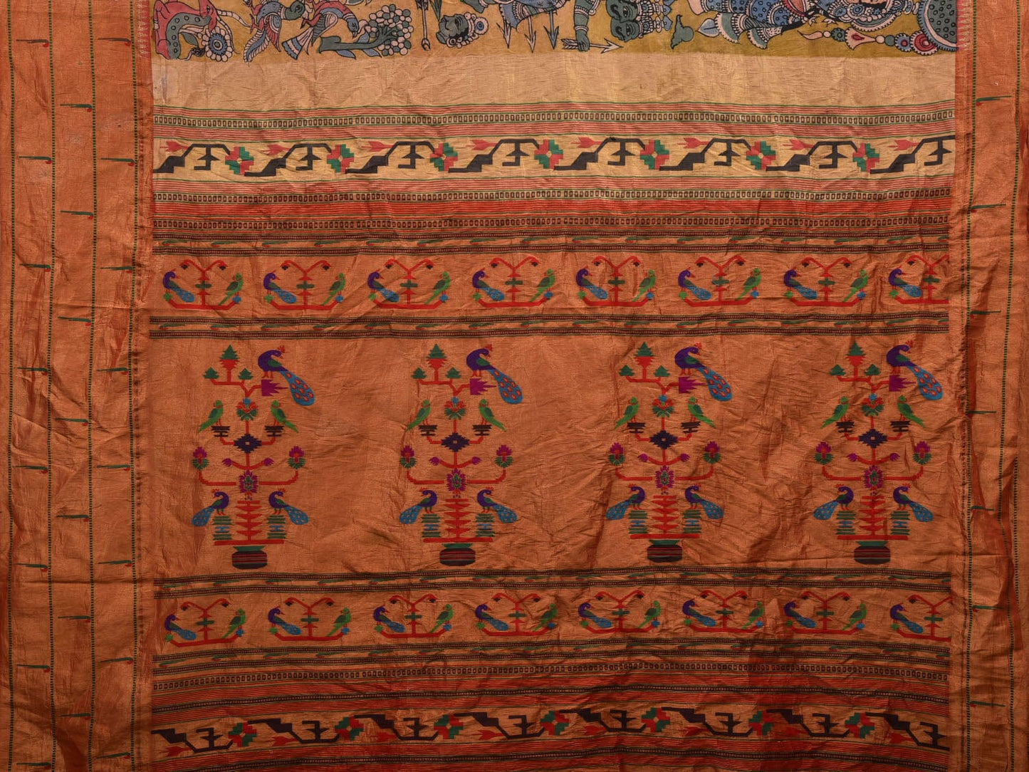 Yellow Kalamkari Hand Painted Kanchipuram Silk Handloom Saree with Dashavatar and Triple Muniya Design KL0638