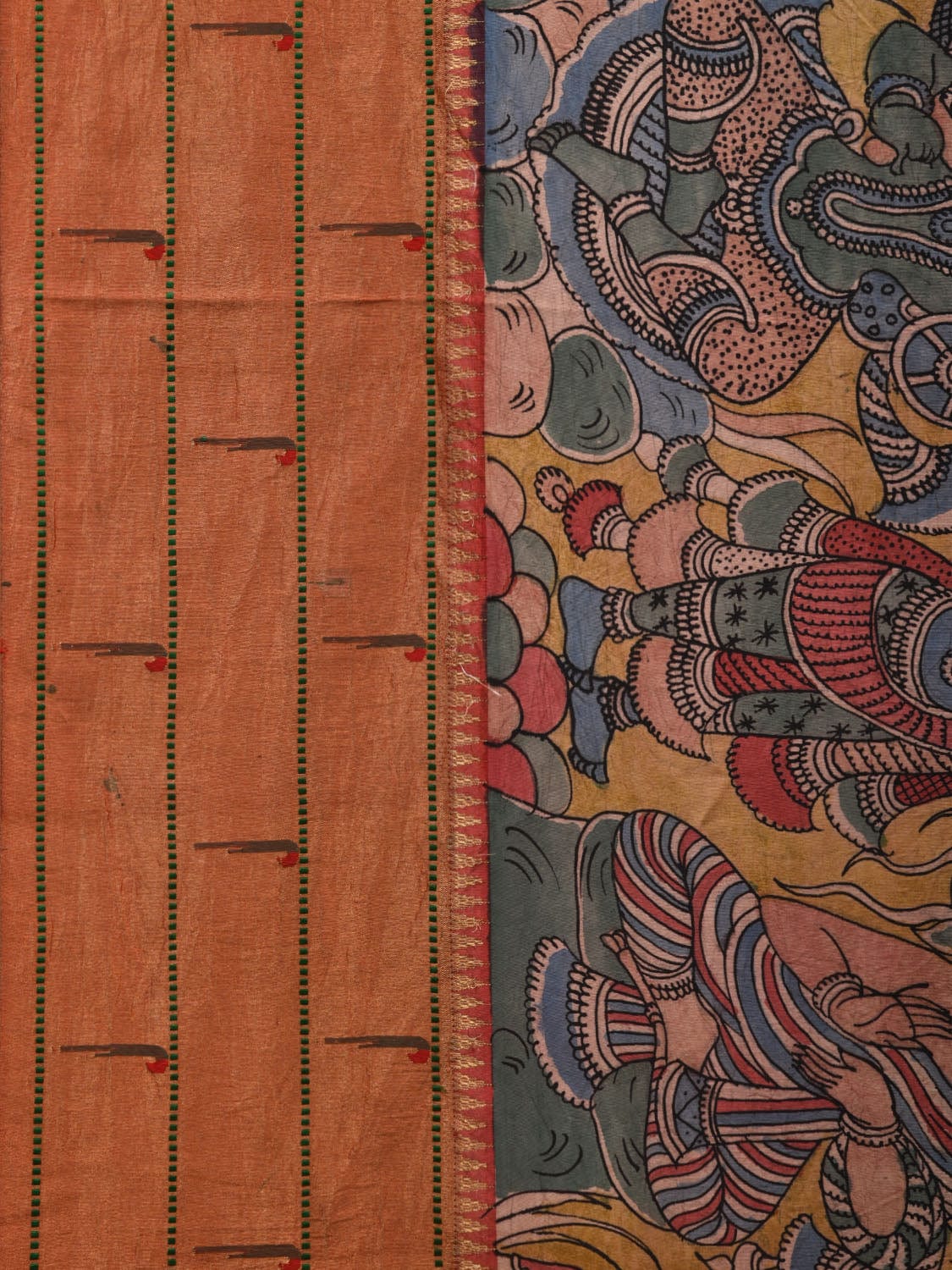 Yellow Kalamkari Hand Painted Kanchipuram Silk Handloom Saree with Dashavatar and Triple Muniya Design KL0638