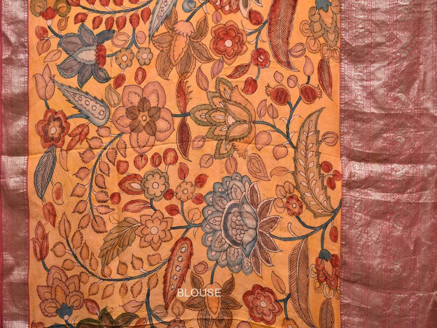 Yellow Kalamkari Hand Painted Kanchipuram Silk Handloom Saree with Exotic Flowers Design KL0433