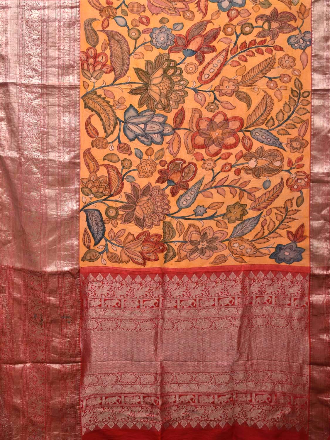 Yellow Kalamkari Hand Painted Kanchipuram Silk Handloom Saree with Exotic Flowers Design KL0433