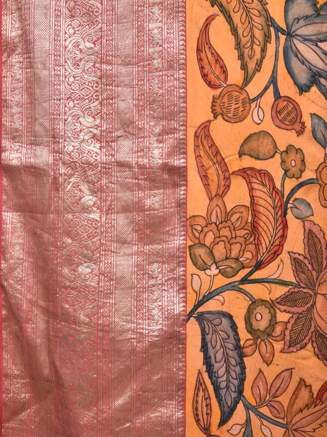 Yellow Kalamkari Hand Painted Kanchipuram Silk Handloom Saree with Exotic Flowers Design KL0433