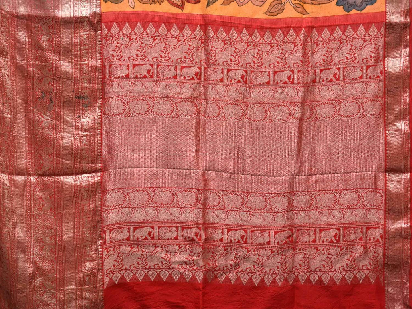 Yellow Kalamkari Hand Painted Kanchipuram Silk Handloom Saree with Exotic Flowers Design KL0433