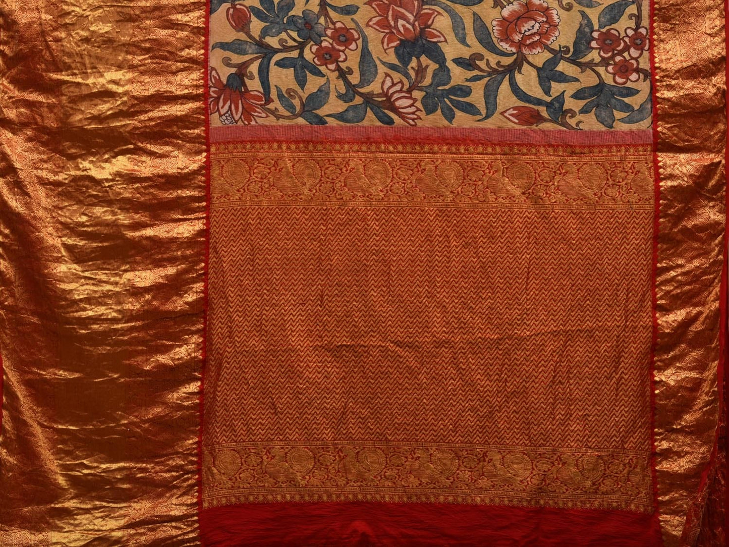 Yellow Kalamkari Hand Painted Kanchipuram Silk Handloom Saree with Floral Design KL0594