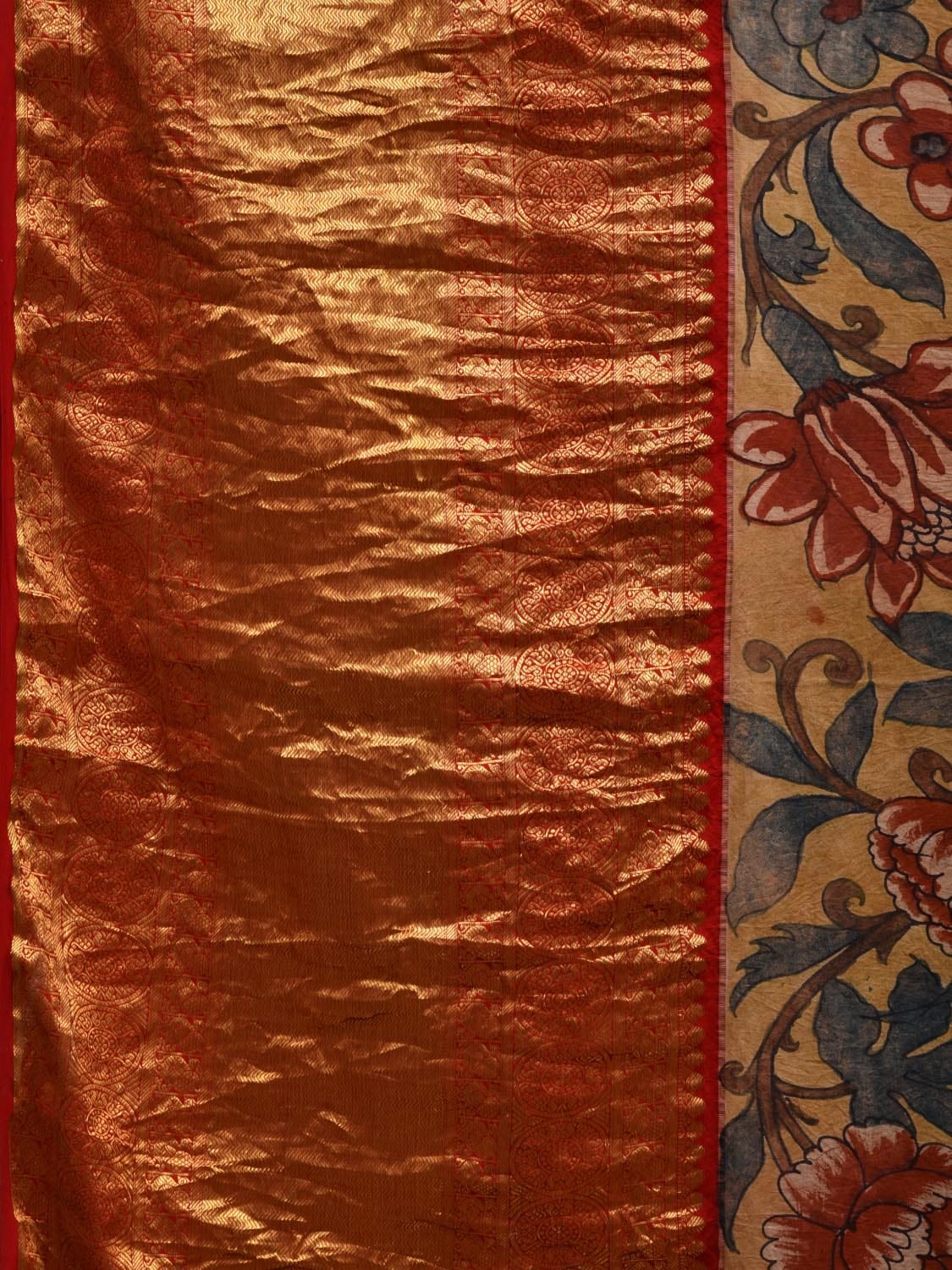 Yellow Kalamkari Hand Painted Kanchipuram Silk Handloom Saree with Floral Design KL0594