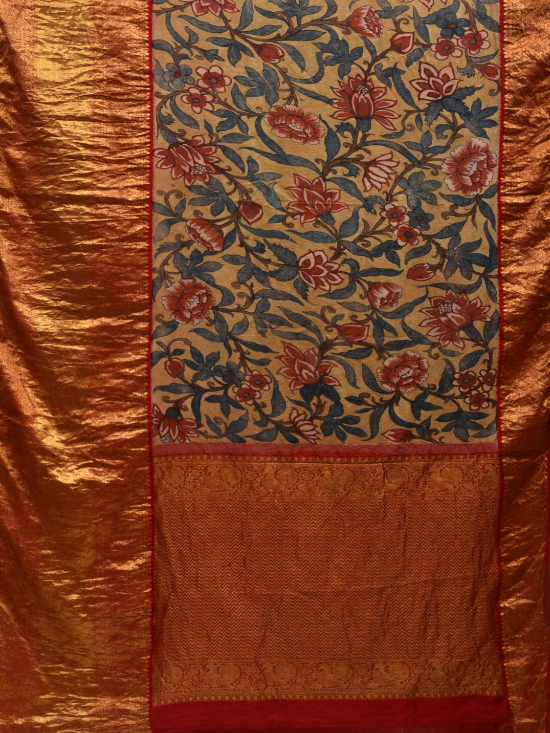 Yellow Kalamkari Hand Painted Kanchipuram Silk Handloom Saree with Floral Design KL0594