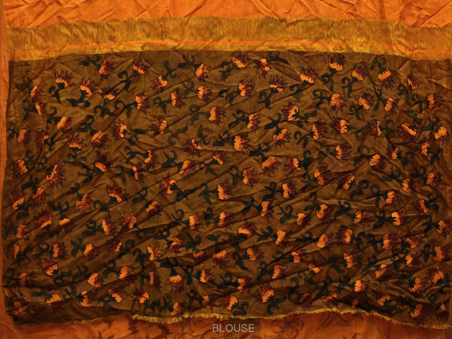 Yellow Kalamkari Hand Painted Kanchipuram Silk Handloom Saree with Floral Design KL0656