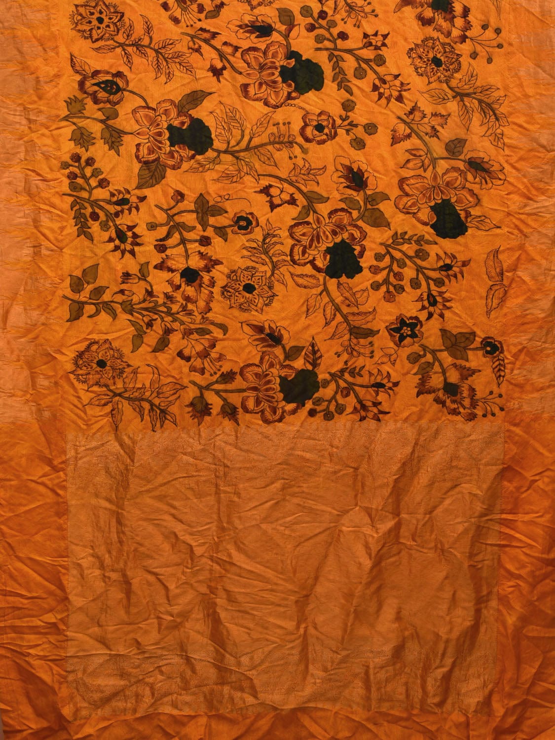 Yellow Kalamkari Hand Painted Kanchipuram Silk Handloom Saree with Floral Design KL0656
