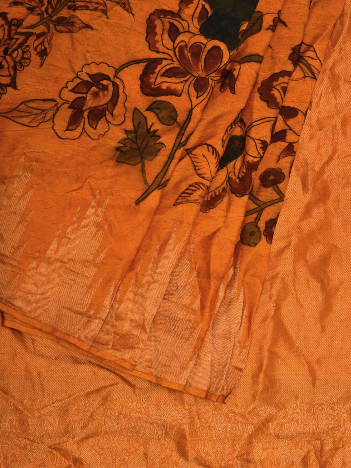 Yellow Kalamkari Hand Painted Kanchipuram Silk Handloom Saree with Floral Design KL0656