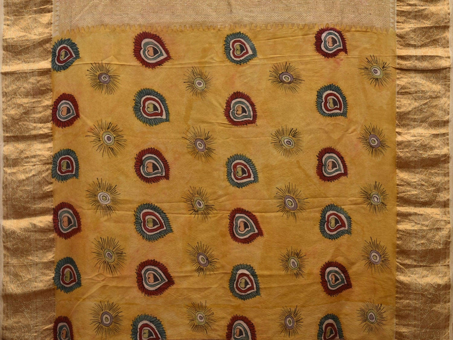 Yellow Kalamkari Hand Painted Kanchipuram Silk Handloom Saree with One Side Peacocks Design KL0646