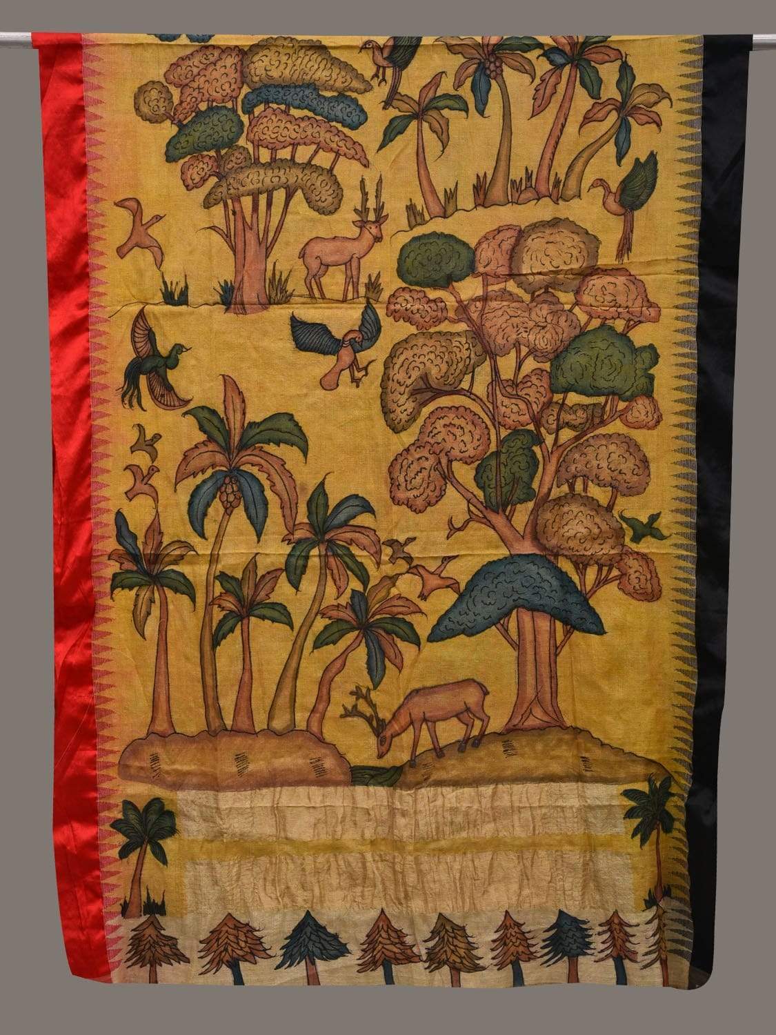 Yellow Kalamkari Hand Painted Khadi Tussar Handloom Dupatta with Animals and Trees Design ds2520