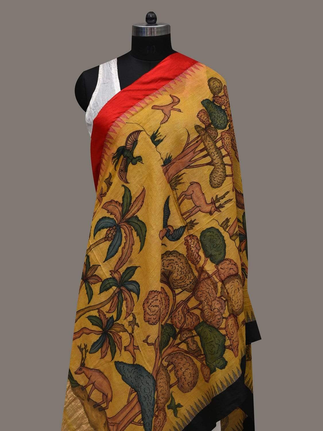Yellow Kalamkari Hand Painted Khadi Tussar Handloom Dupatta with Animals and Trees Design ds2520