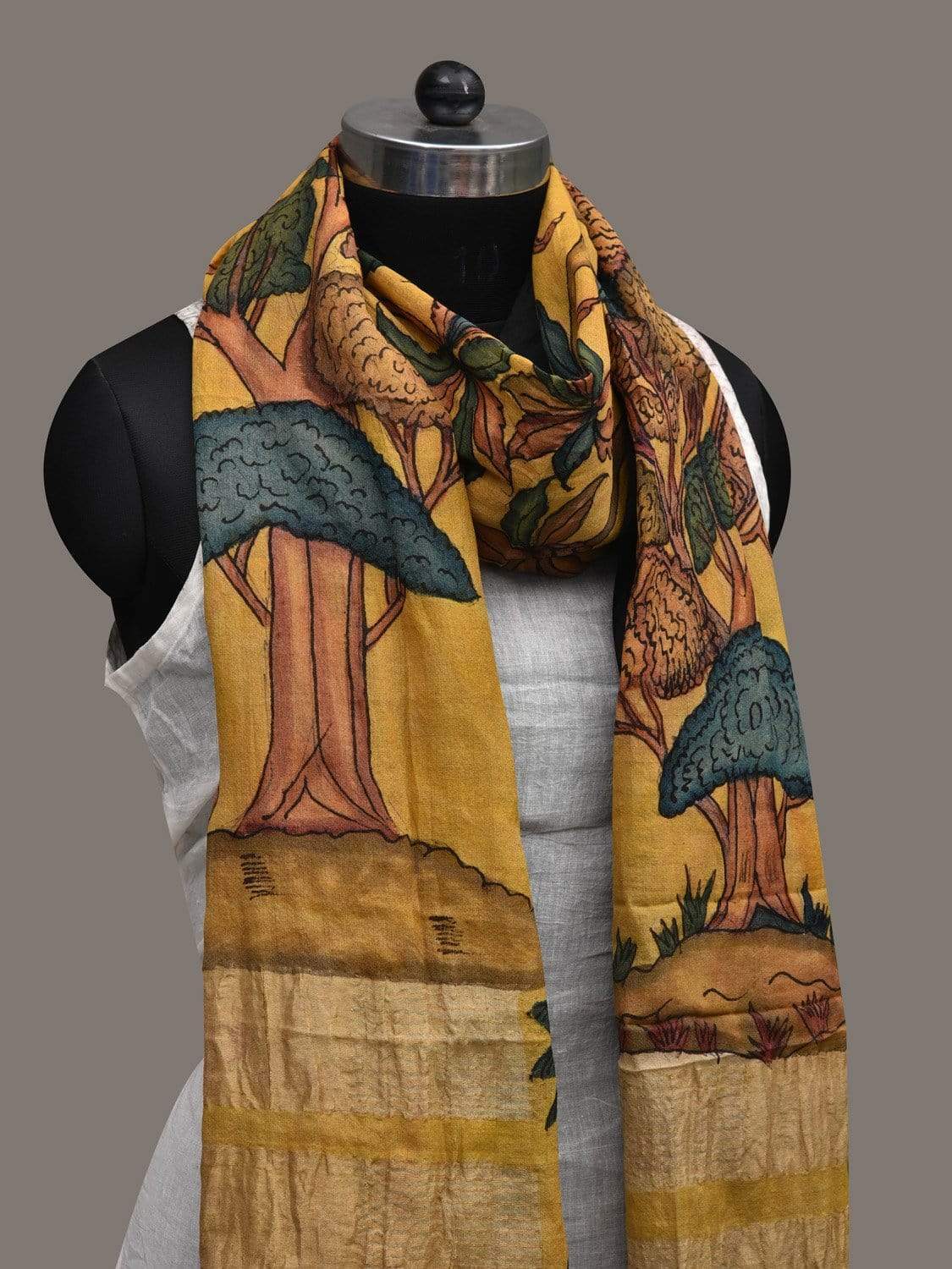 Yellow Kalamkari Hand Painted Khadi Tussar Handloom Dupatta with Animals and Trees Design ds2520