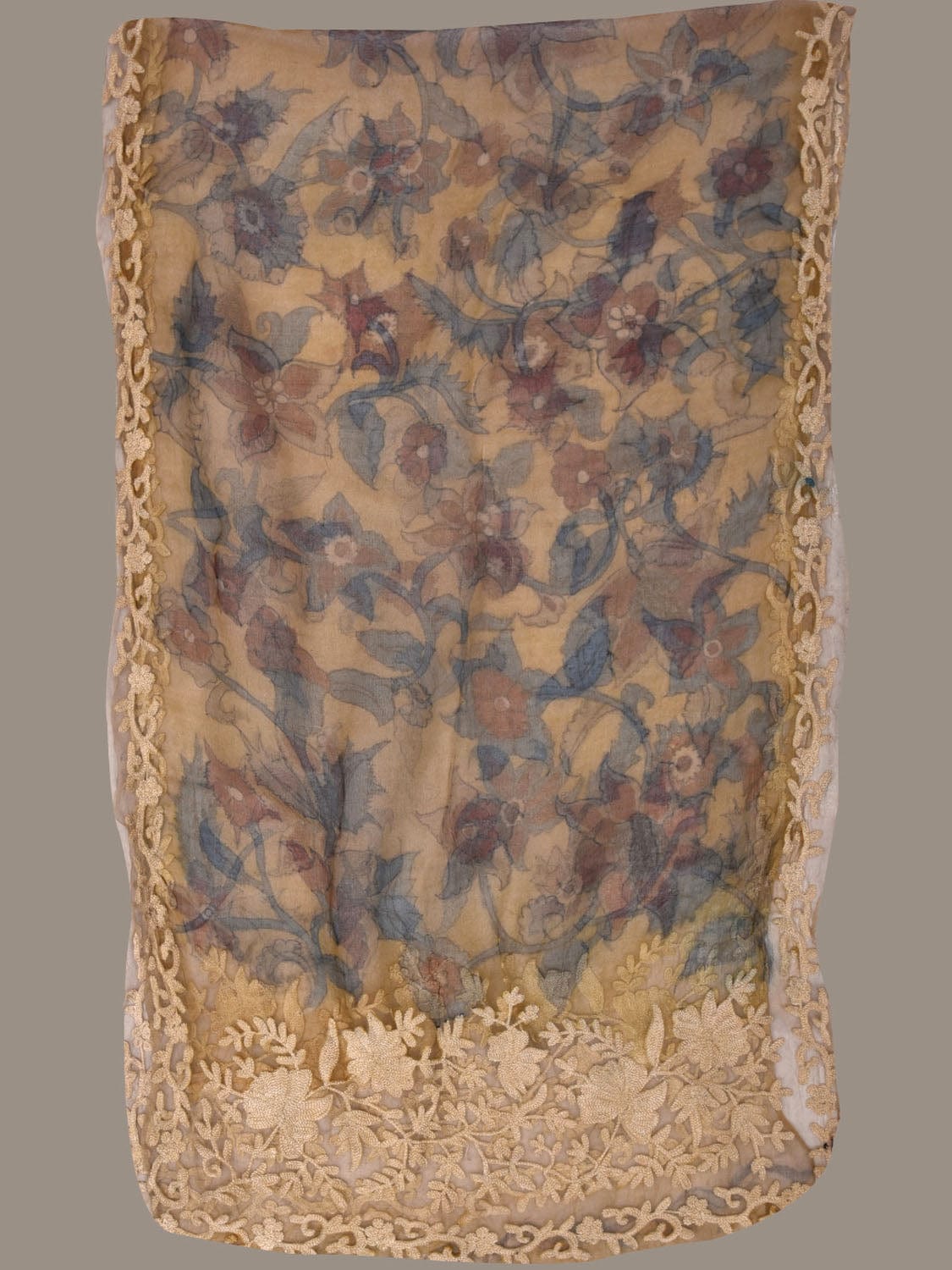Yellow Kalamkari Hand Painted Organza Silk Stole with Floral and Embroidary Design ds2891