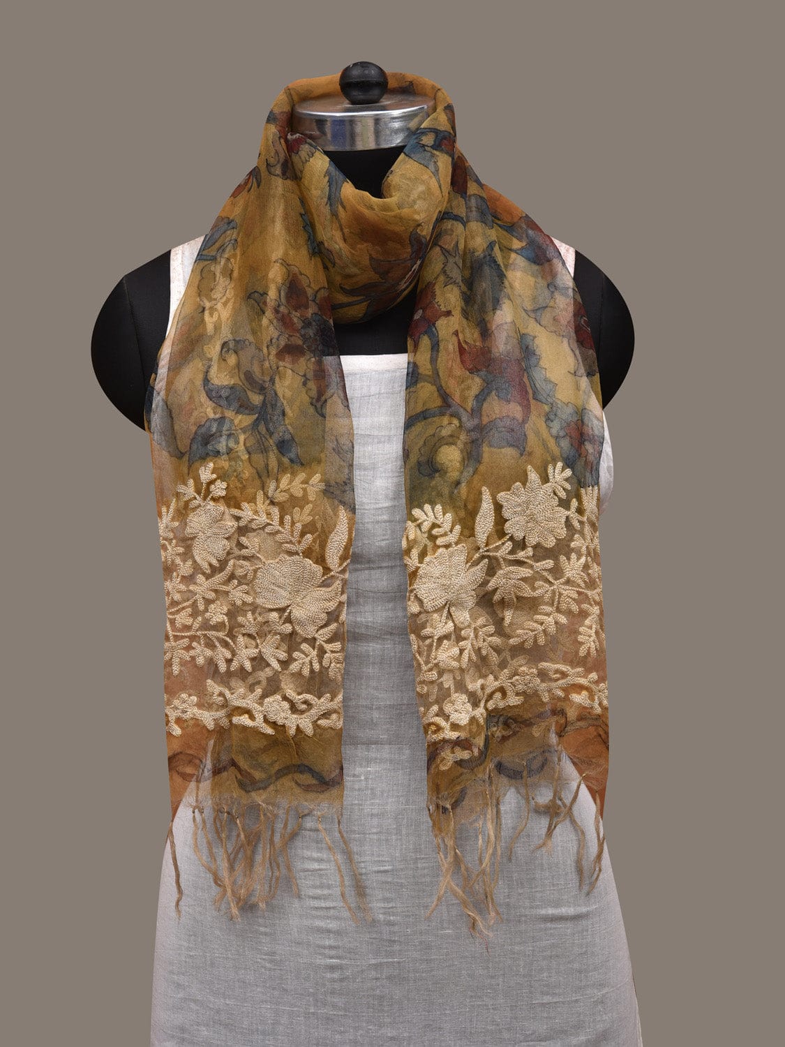 Yellow Kalamkari Hand Painted Organza Silk Stole with Floral and Embroidary Design ds2891