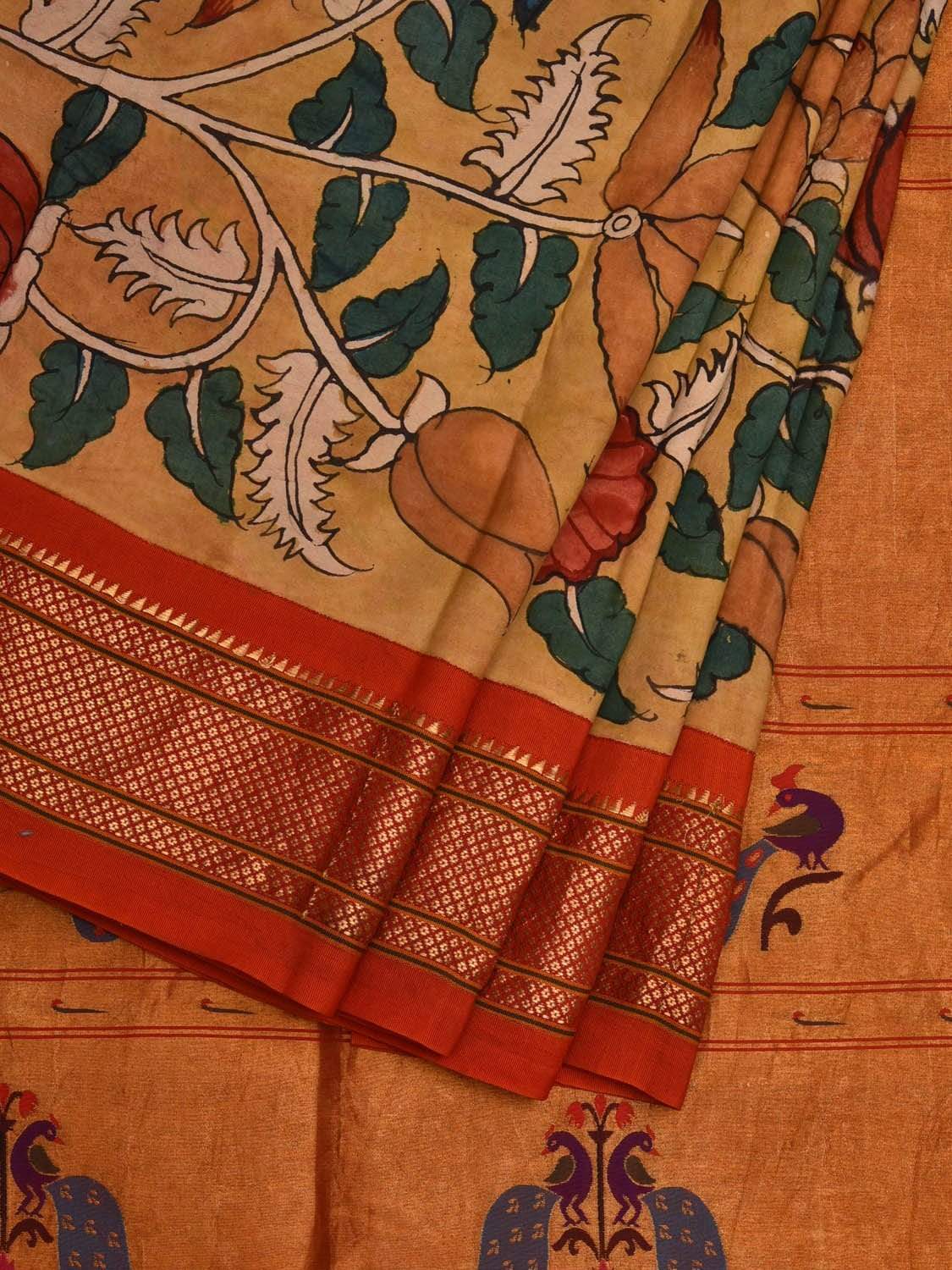 Yellow Kalamkari Hand Painted Paithani Silk Handloom Saree with Floral Design KL0575
