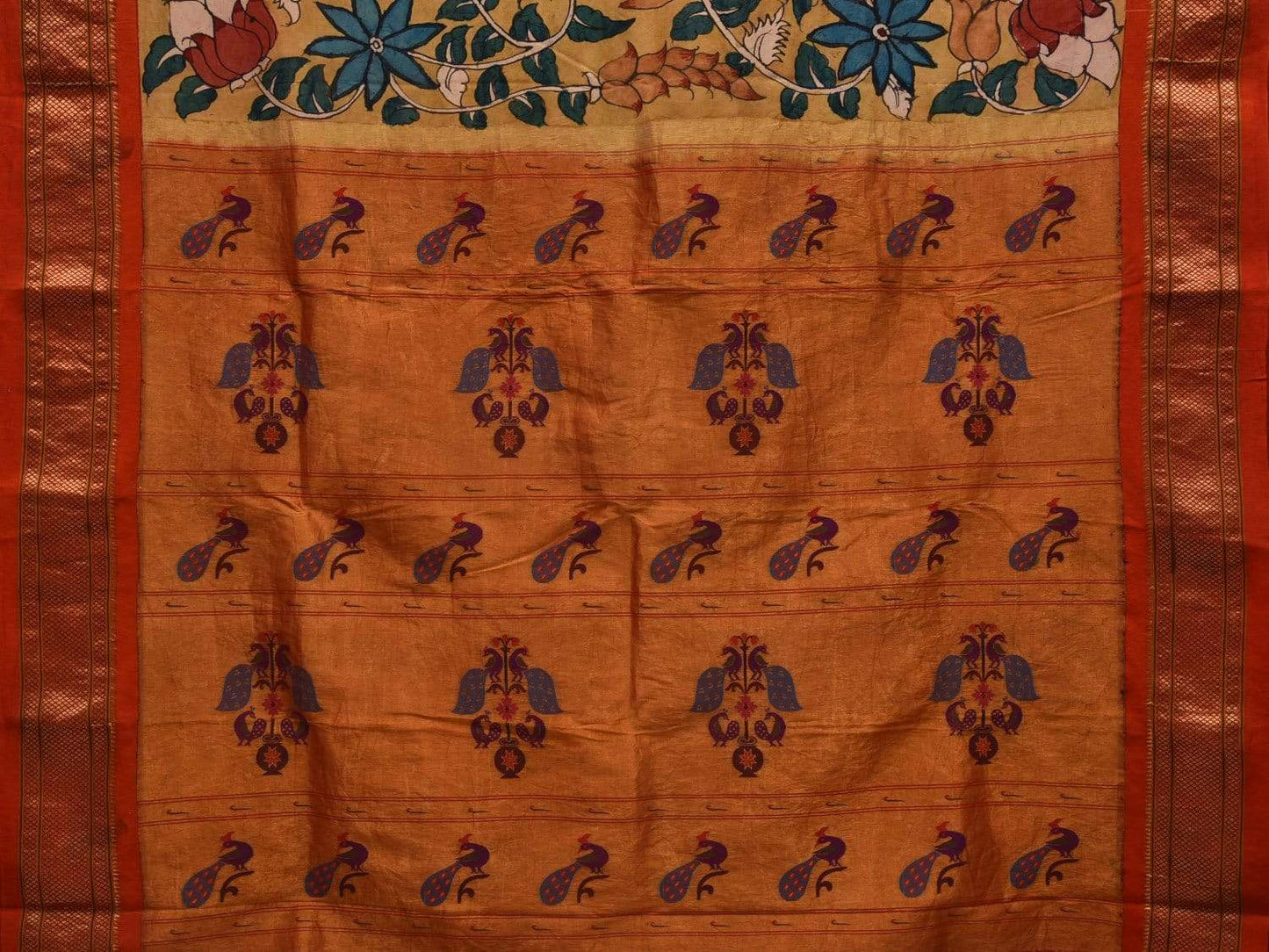 Yellow Kalamkari Hand Painted Paithani Silk Handloom Saree with Floral Design KL0575