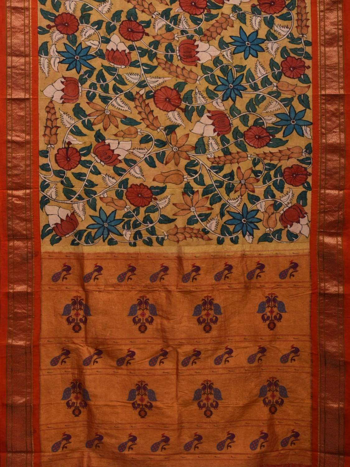 Yellow Kalamkari Hand Painted Paithani Silk Handloom Saree with Floral Design KL0575