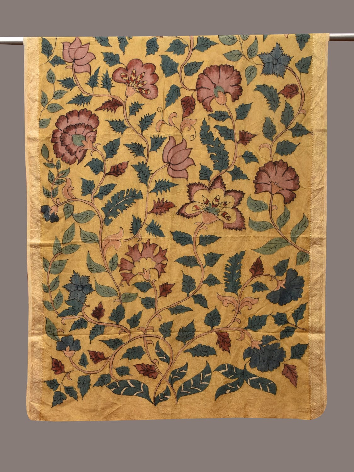 Yellow Kalamkari Hand Painted Sico Dupatta with Floral Design ds3448