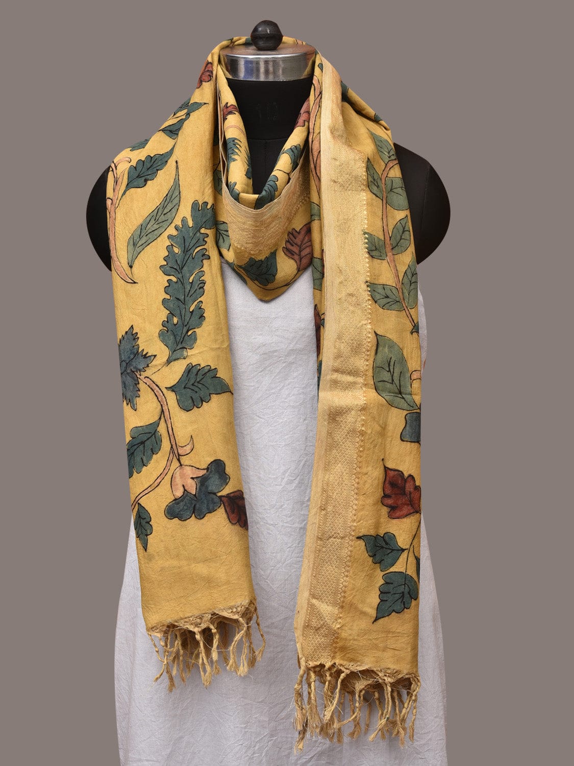 Yellow Kalamkari Hand Painted Sico Dupatta with Floral Design ds3448