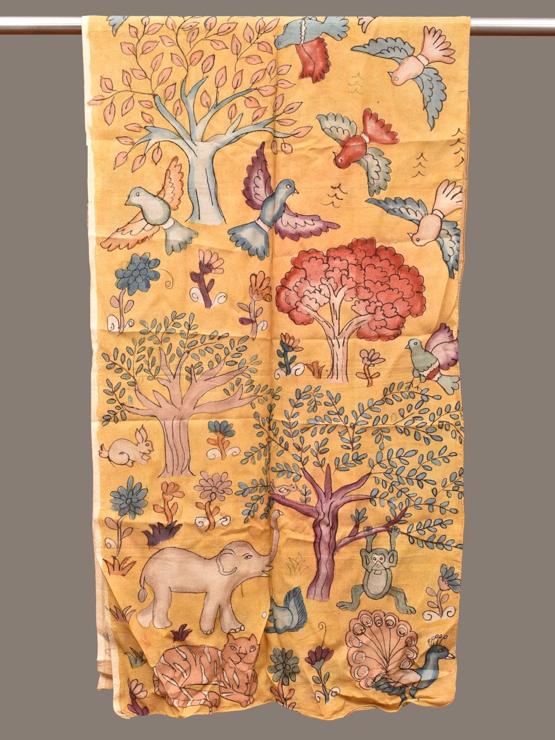 Yellow Kalamkari Hand Painted Sico Stole with Animals and Trees Design ds3265