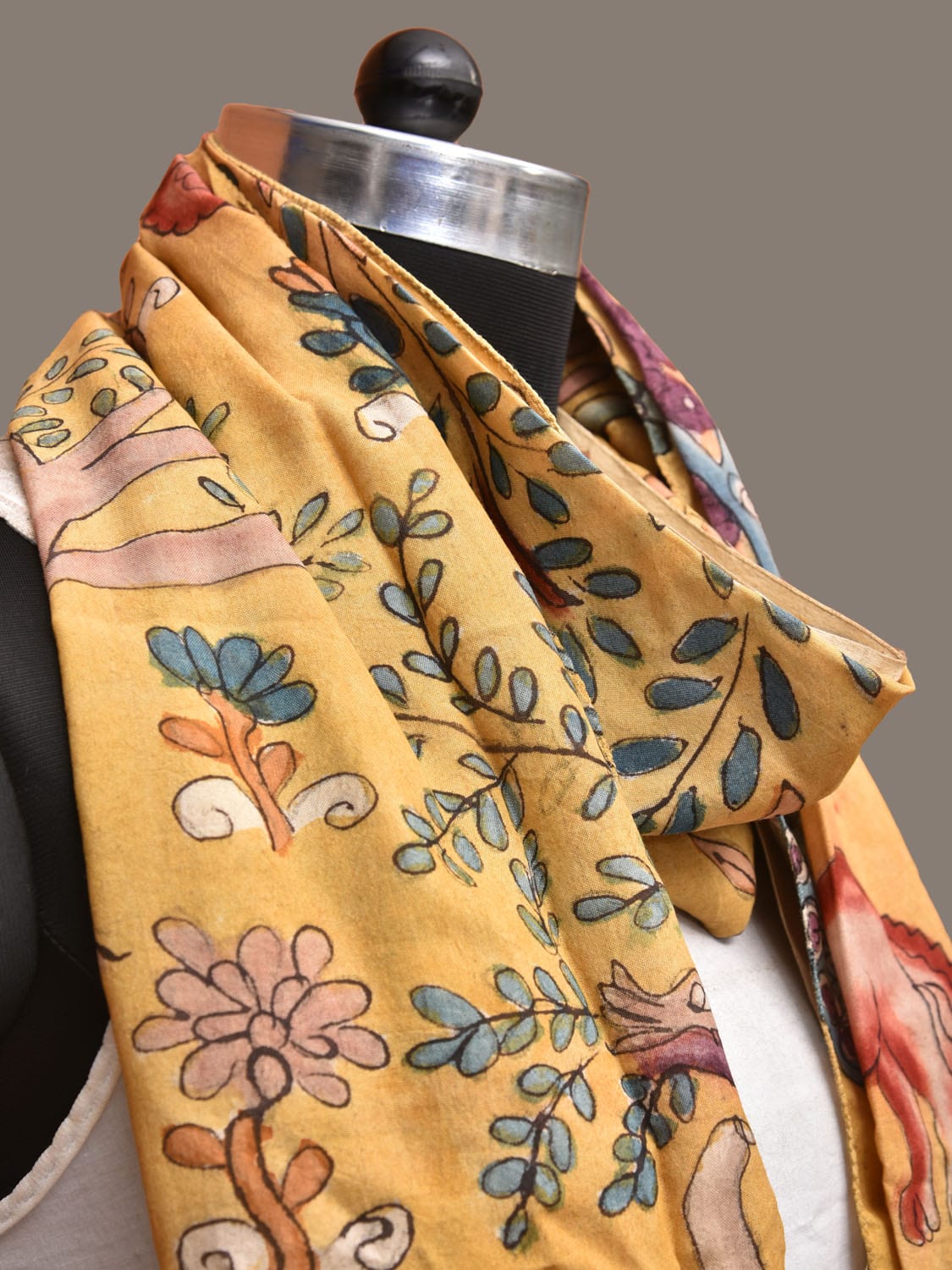 Yellow Kalamkari Hand Painted Sico Stole with Animals and Trees Design ds3265