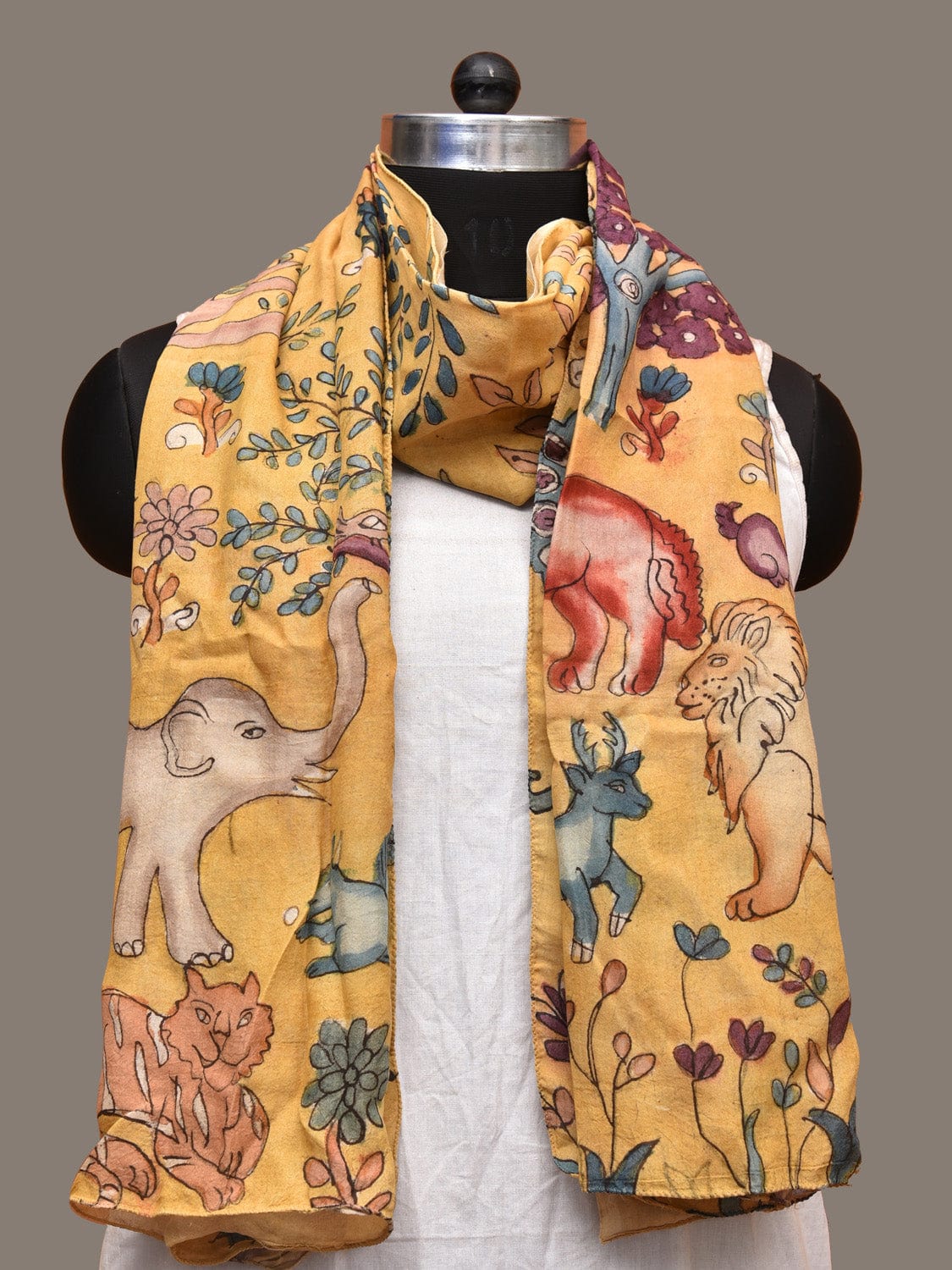 Yellow Kalamkari Hand Painted Sico Stole with Animals and Trees Design ds3265