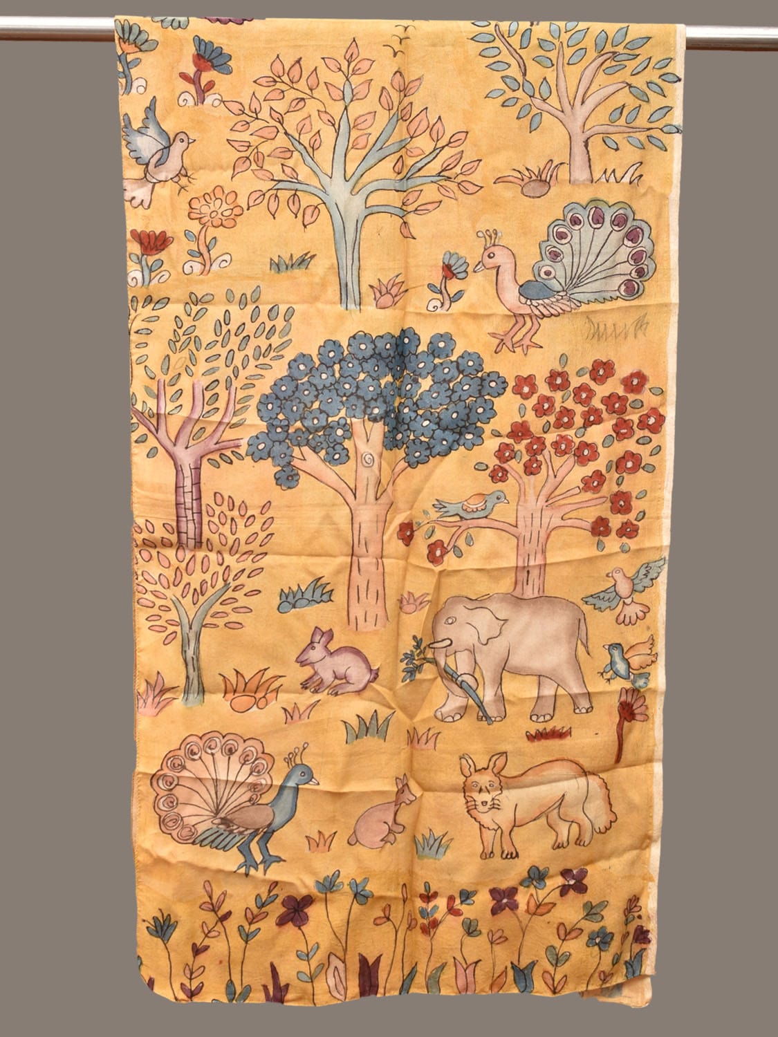 Yellow Kalamkari Hand Painted Sico Stole with Animals and Trees Design ds3267
