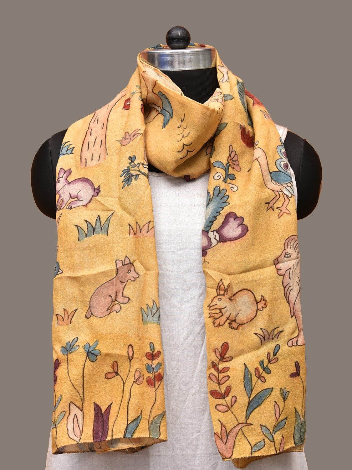 Yellow Kalamkari Hand Painted Sico Stole with Animals and Trees Design ds3267
