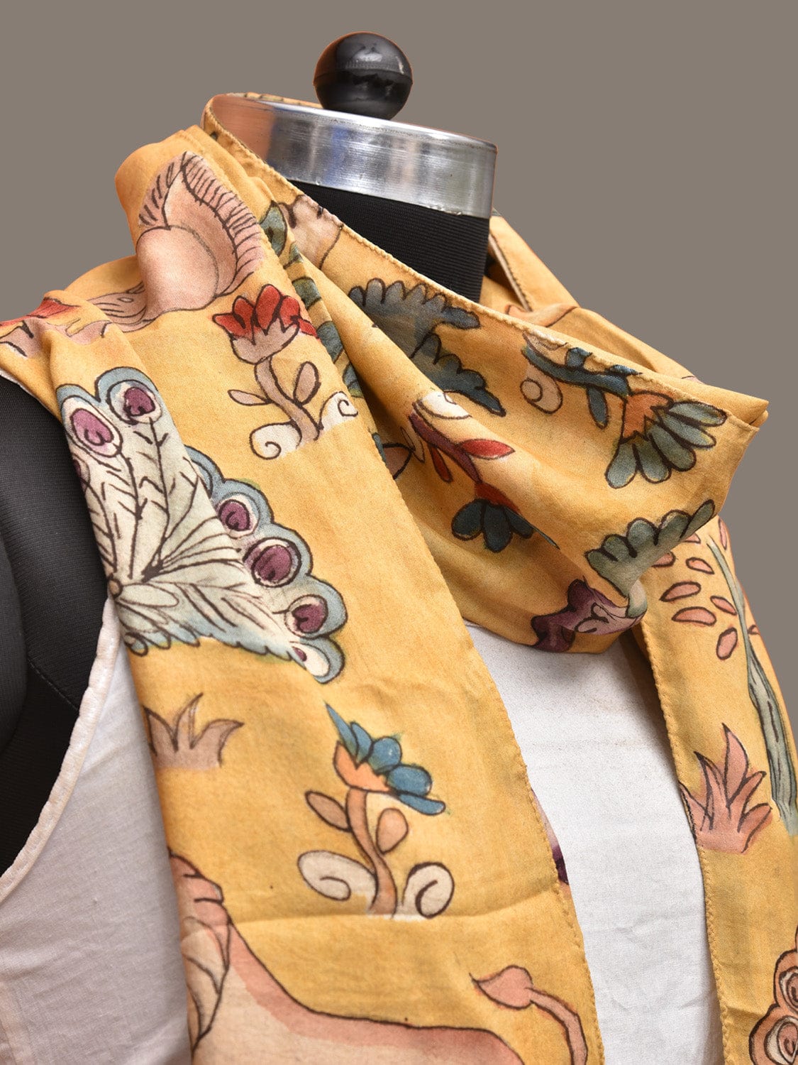 Yellow Kalamkari Hand Painted Sico Stole with Animals and Trees Design ds3267