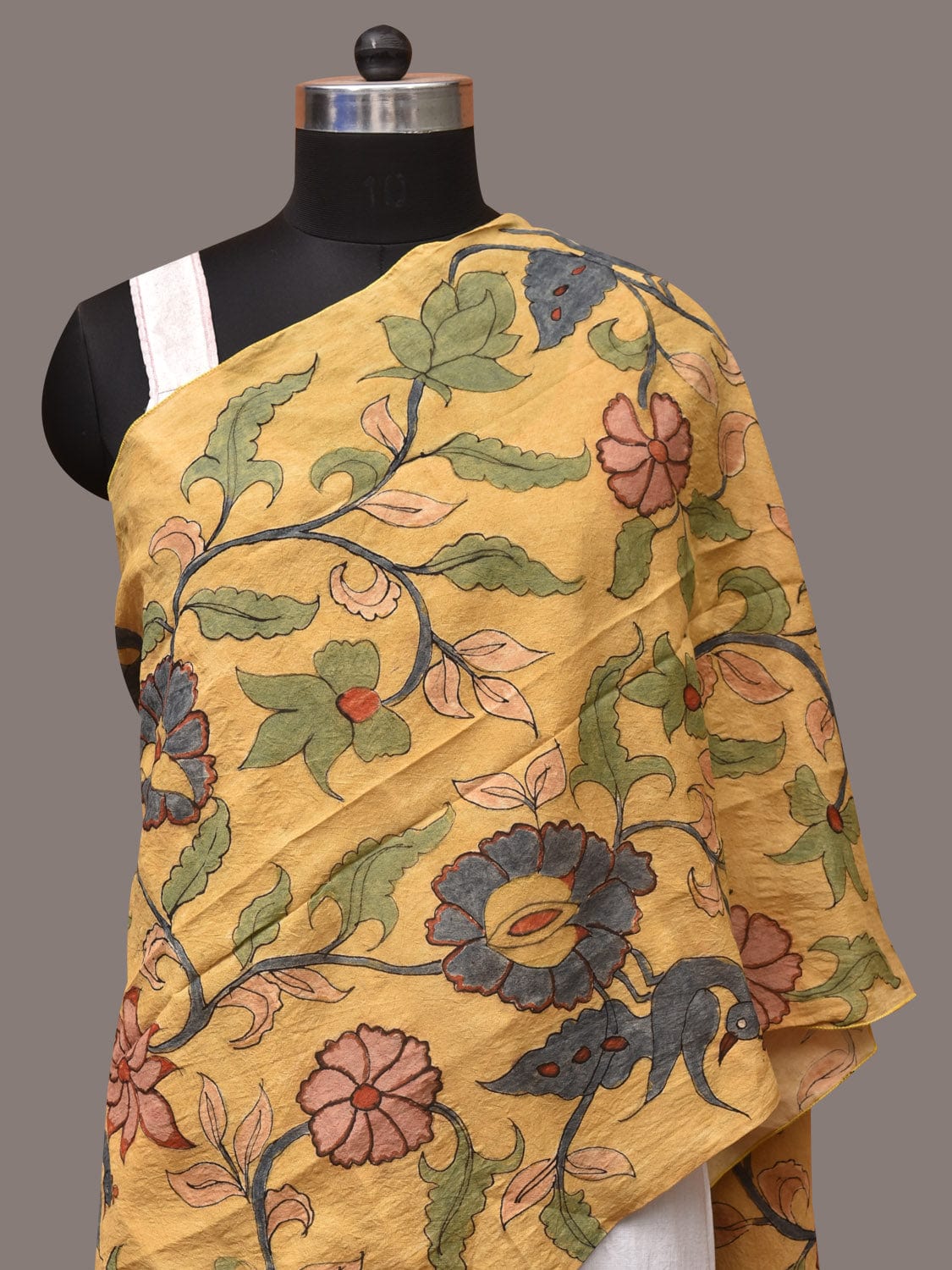 Yellow Kalamkari Hand Painted Sico Stole with Floral and Peacocks Design ds3440