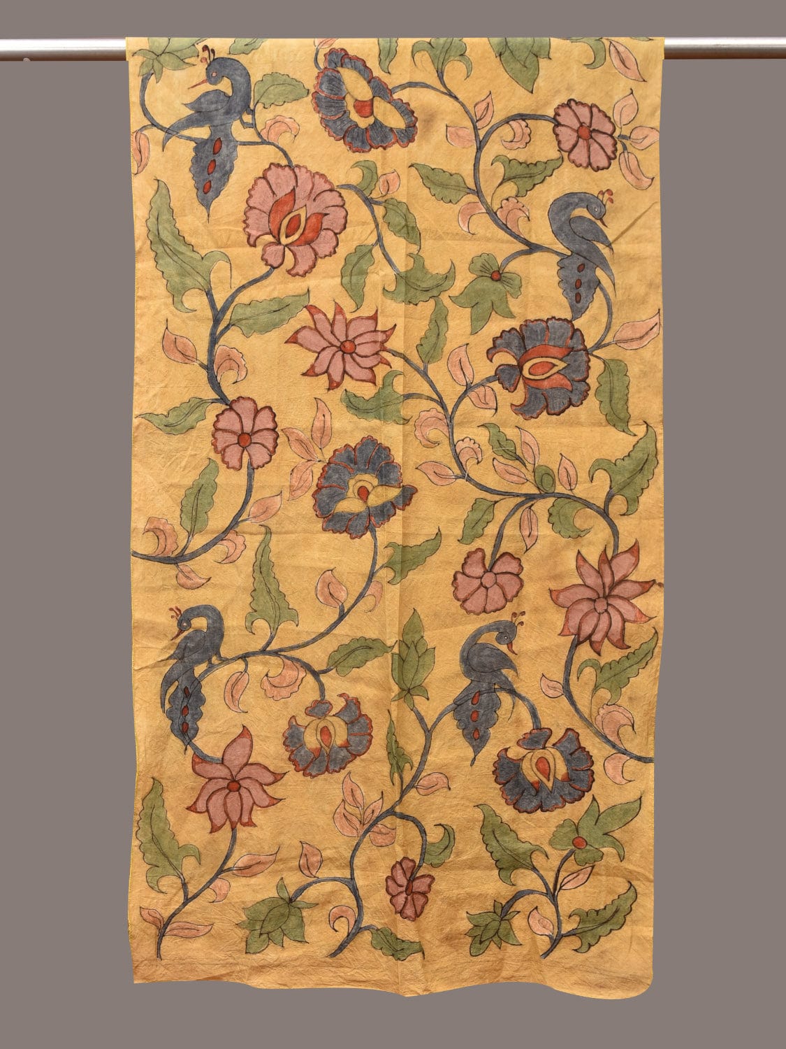 Yellow Kalamkari Hand Painted Sico Stole with Floral and Peacocks Design ds3440