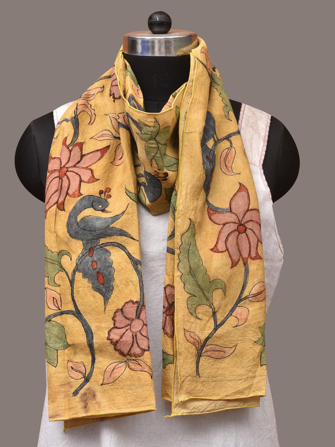 Yellow Kalamkari Hand Painted Sico Stole with Floral and Peacocks Design ds3440