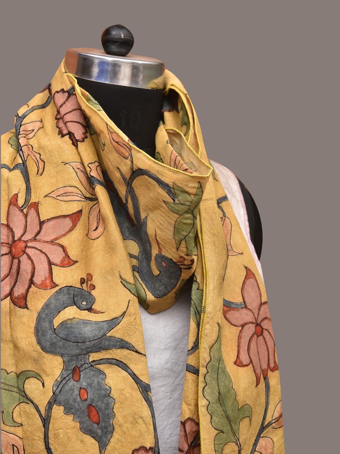 Yellow Kalamkari Hand Painted Sico Stole with Floral and Peacocks Design ds3440