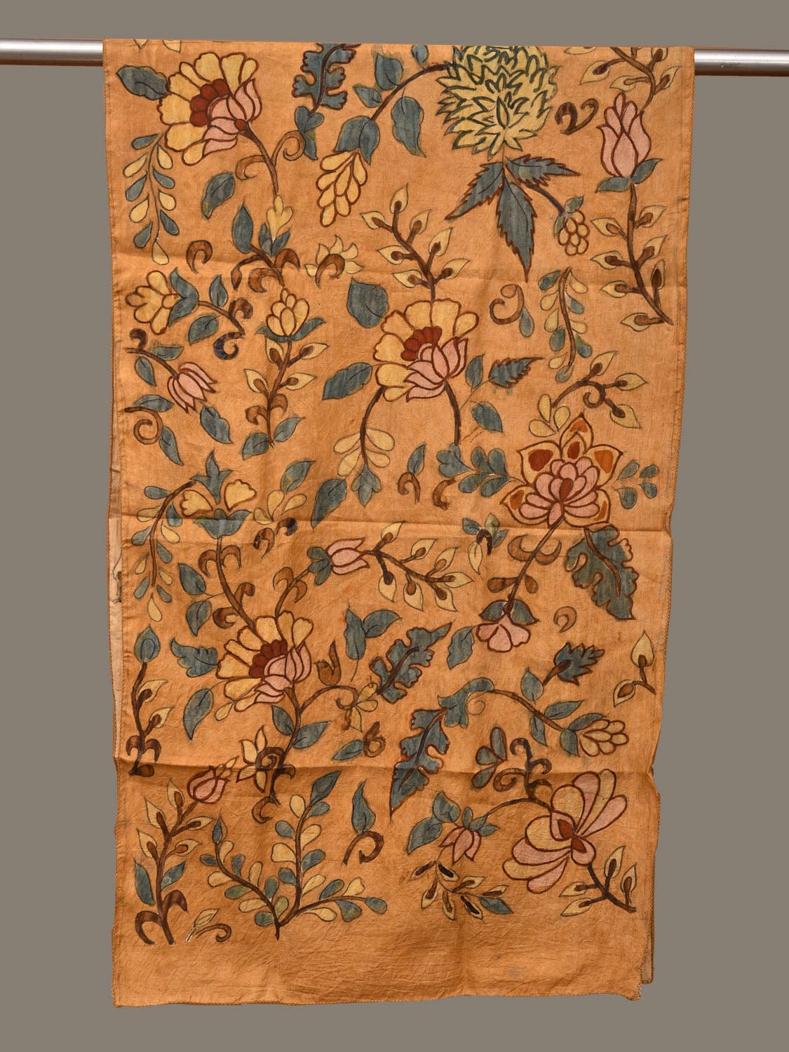 Yellow Kalamkari Hand Painted Sico Stole with Floral Design ds3146