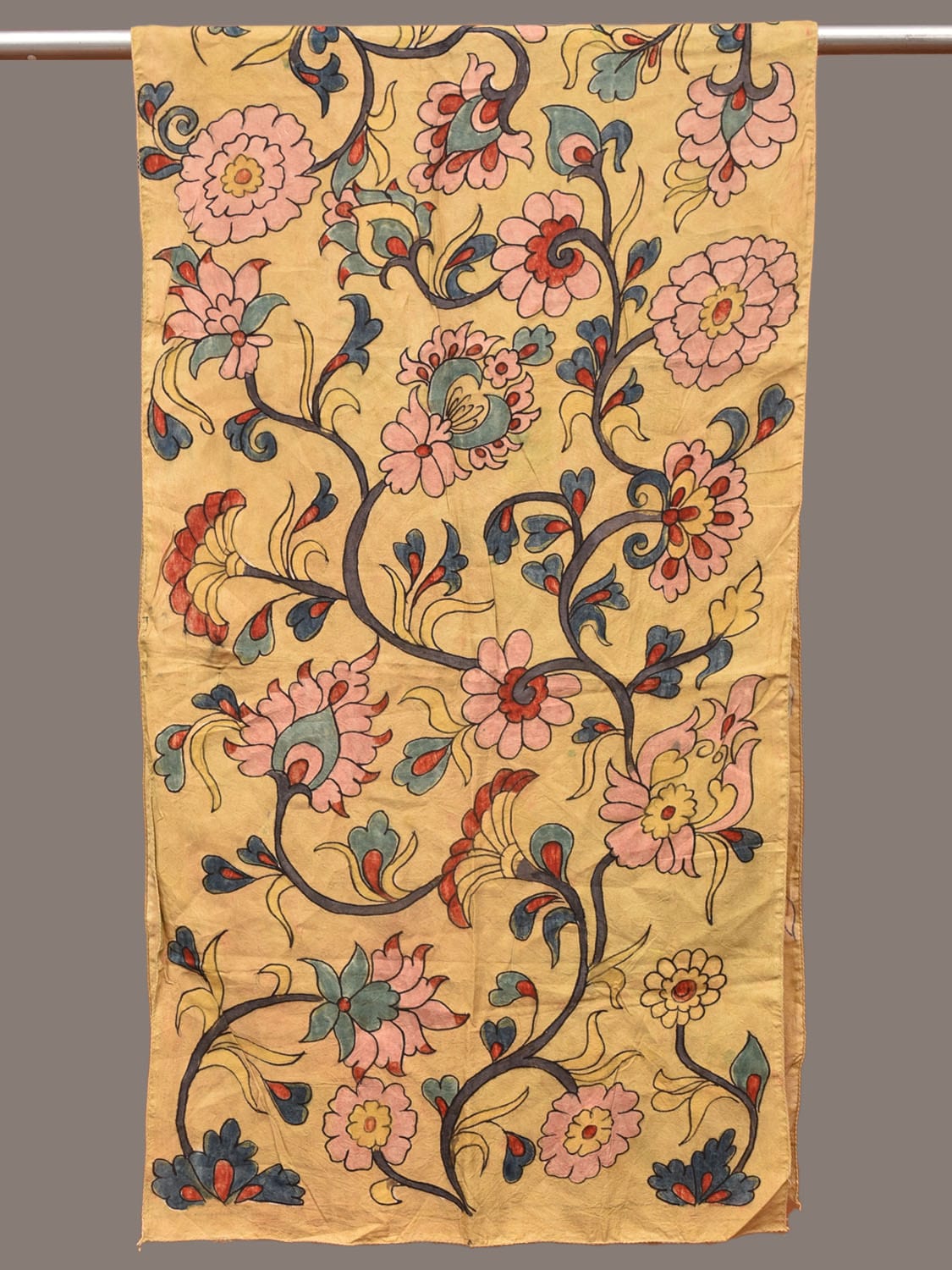 Yellow Kalamkari Hand Painted Sico Stole with Floral Design ds3302
