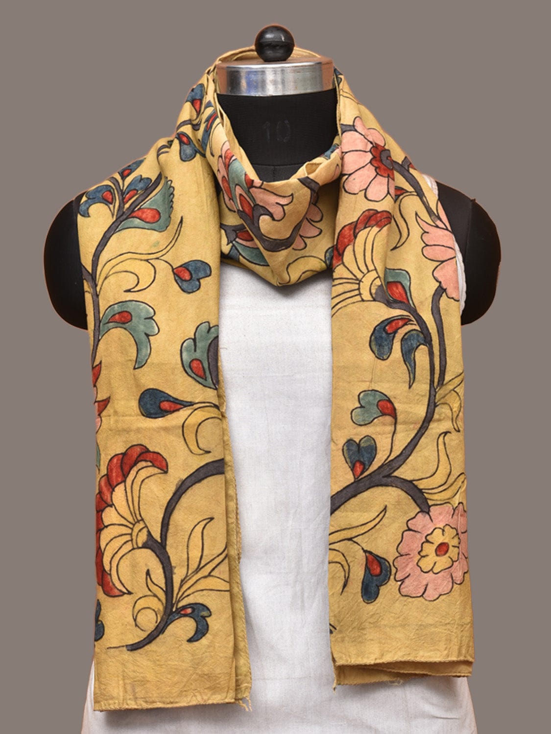 Yellow Kalamkari Hand Painted Sico Stole with Floral Design ds3302