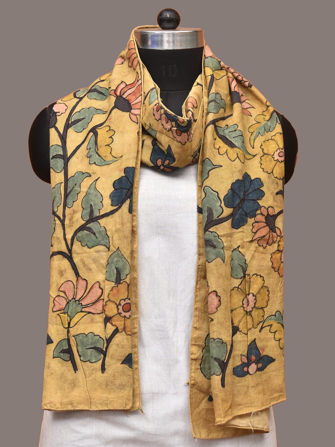 Yellow Kalamkari Hand Painted Sico Stole with Floral Design ds3307