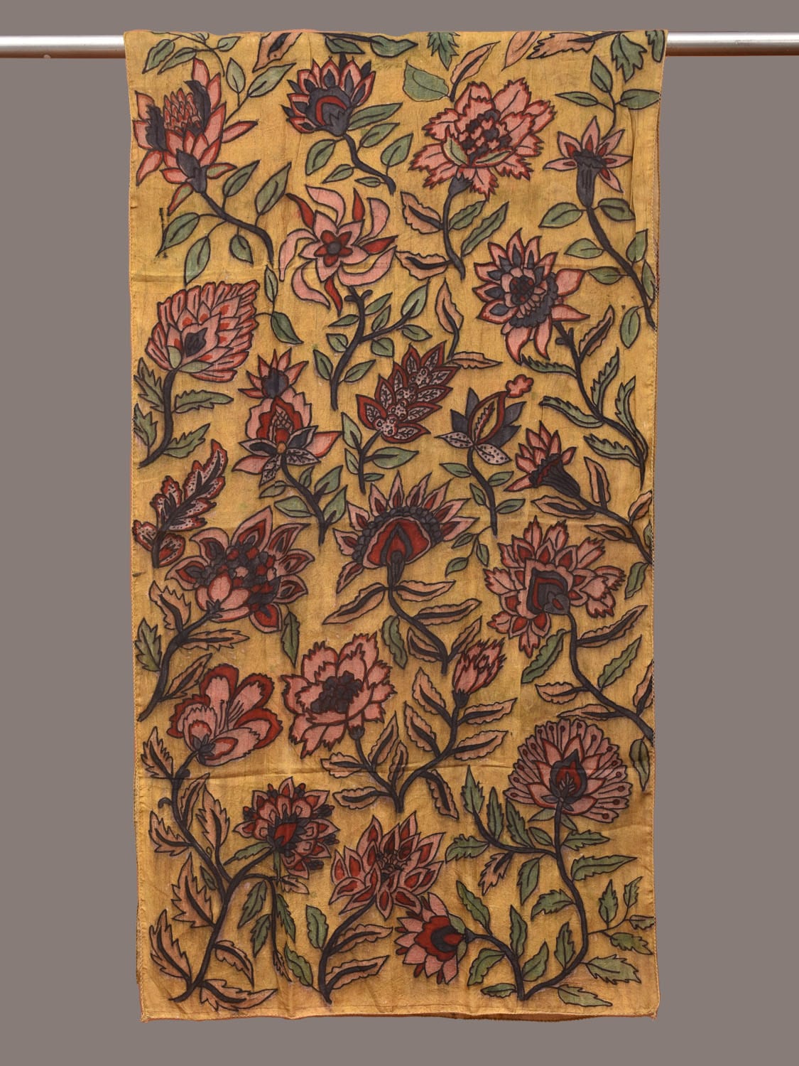 Yellow Kalamkari Hand Painted Sico Stole with Floral Design ds3313