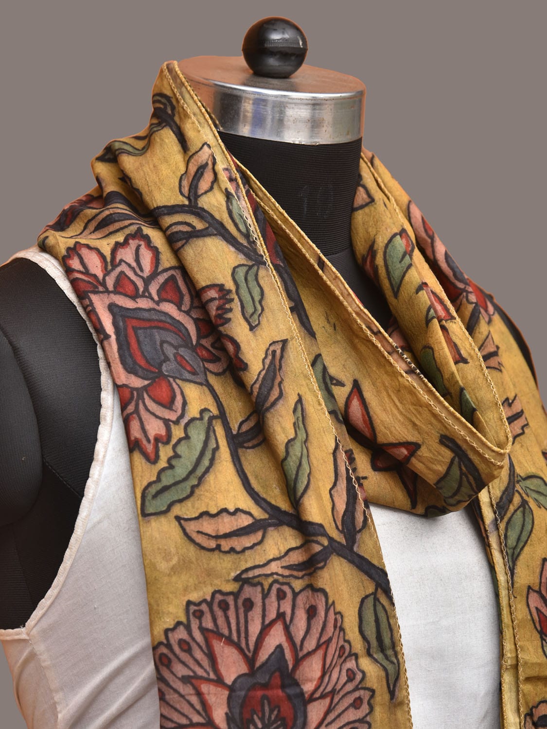 Yellow Kalamkari Hand Painted Sico Stole with Floral Design ds3313