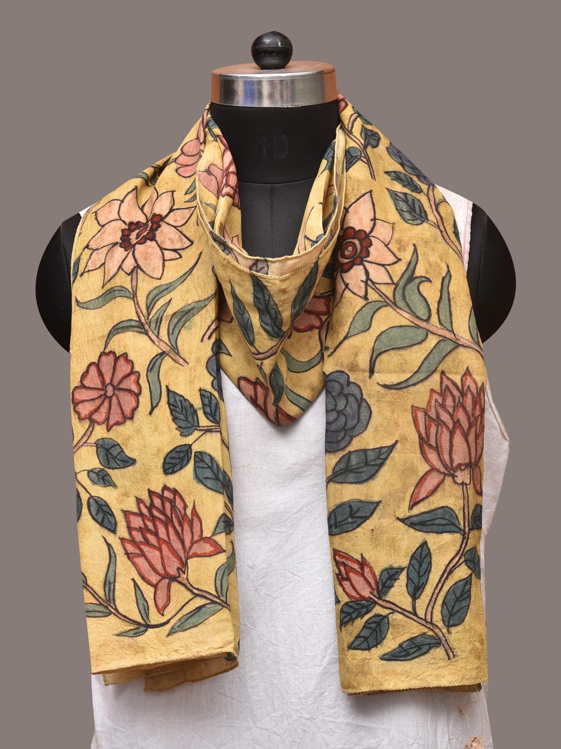 Yellow Kalamkari Hand Painted Sico Stole with Floral Design ds3399