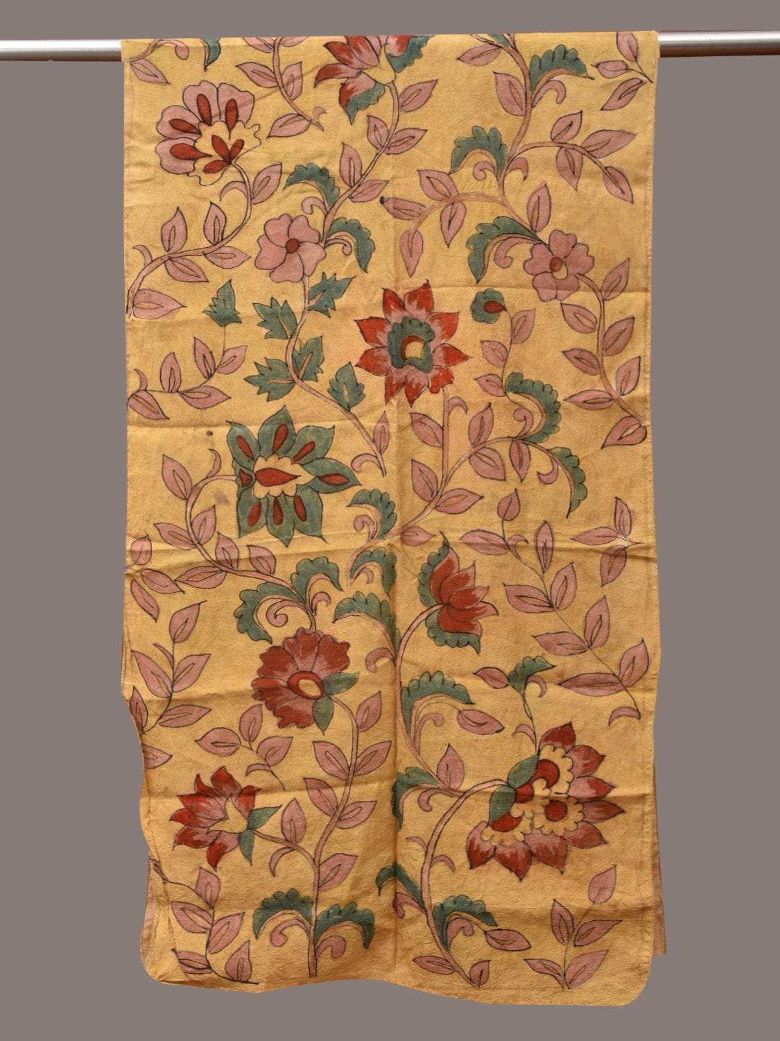 Yellow Kalamkari Hand Painted Sico Stole with Floral Design ds3432
