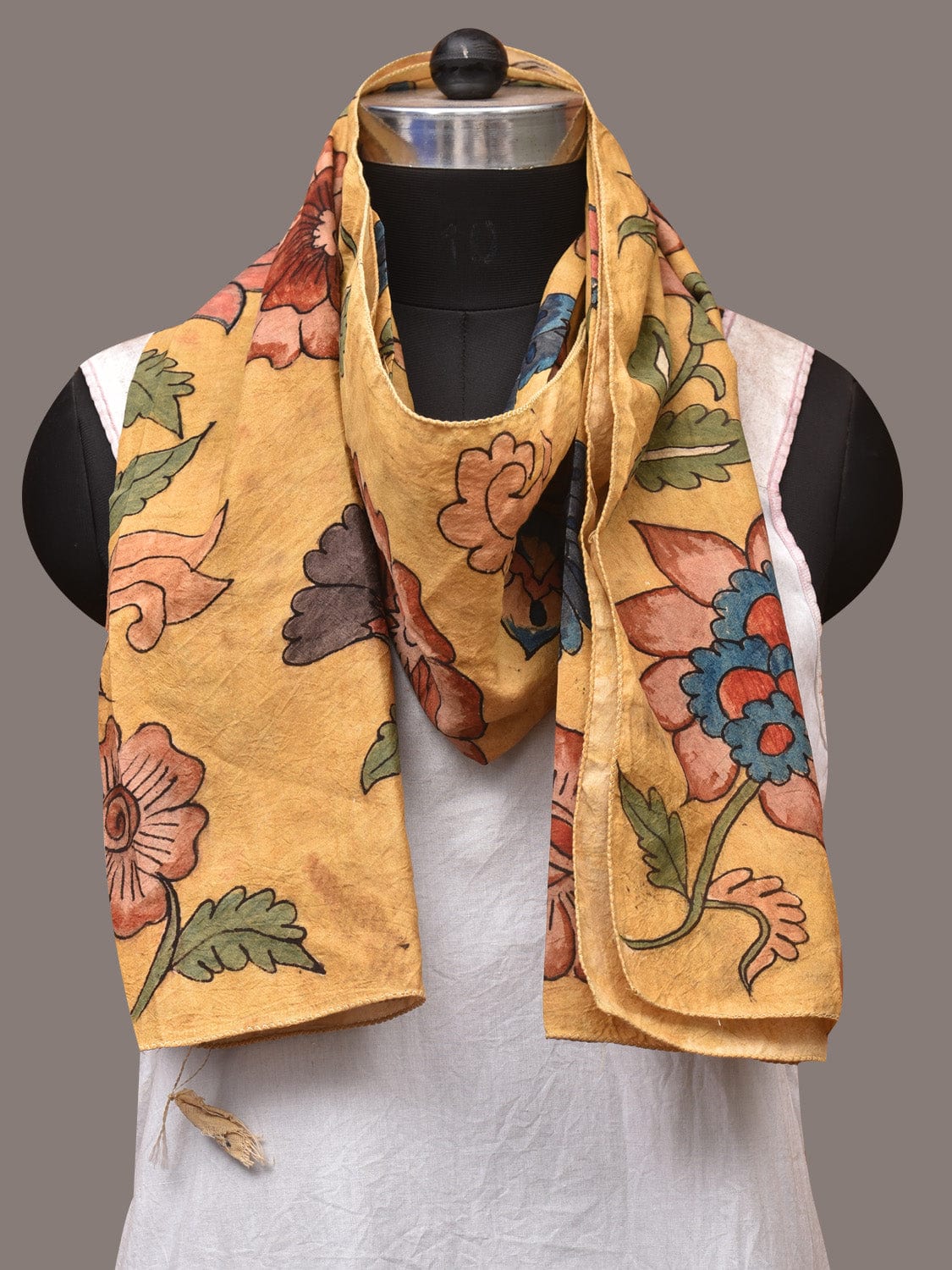 Yellow Kalamkari Hand Painted Sico Stole with Floral Design ds3438